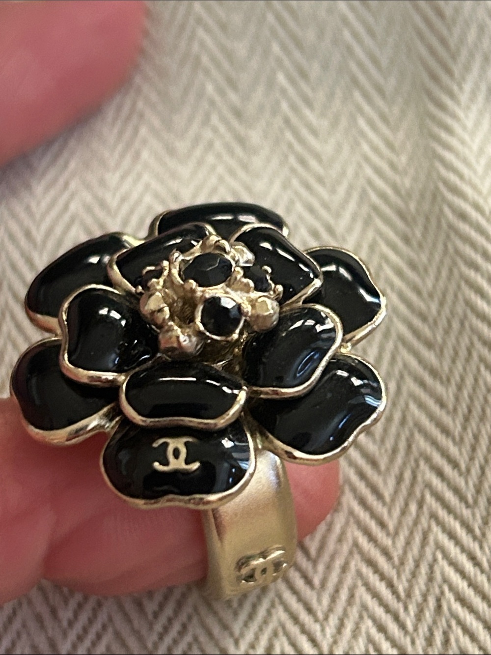 Chanel Camelia Flower  Black Enamel Flower Ring size 7.